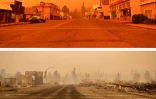 Cette juxtaposition de deux photos montre le centre de Greenville (Californie) avant le passage de l'incendie, le 23 juillet 2021 (haut), puis après, le 4 août 2021 (bas)