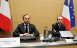 Le député UDR Charles Alloncle (g) et le président de la commission d'enquête parlementaire sur l'audiovisuel public, Jérémie Patrier-Leitus (Horizons), à l'Assemblée nationale, le 2 février 2026 à Paris