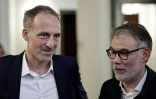 Raphaël Glucksmann, à gauche, avec à sa droite Olivier Faure, le 11 avril 2026, à Montreuil en Seine-Saint-Denis