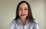 Une capture d'écran montrant la cheffe de l'opposition vénézuélienne Maria Corina Machado lors d'une interview de l'AFP via Zoom à Caracas le 15 mai 2025