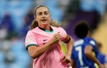 La joie de l'attaquante de Barcelone Alexia Putellas, après avoir marqué sur pénalty face à Chelesa, en finale de la Ligue des Champions, le 16 mai 2021 à Göteborg (Suède)