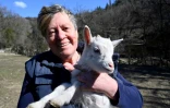 L'agricultrice Olgica Skopac un chevreau dans les bras, le 18 mars 2021 à Labin, en Croatie