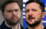 Le vice-président américain J.D. Vance (à gauche) dans l'Ohio le 3 février 2025 et le président ukrainien Volodomyr Zelensky (à droite) à Bruxelles le 19 décembre 2024