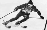 Jean-Claude Killy lors de la deuxième manche du slalom géant des JO de Grenoble, le 12 février 1968 à Chamrousse