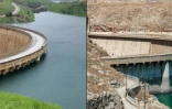 Cette combinaison de photos créée le 18 juillet 2022 montre des vues du barrage de Dukan et du réservoir situé derrière, au nord-ouest de la ville de Suleimaniyeh, dans la région autonome du Kurdistan, dans le nord-est de l'Irak