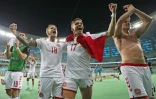 Les joueurs danois célébrant leur qualification pour les demi-finales de l'Euro après leur victoire 2-1 contre la République tchèque, le 3 juillet 2021 à Bakou.