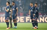 La satisfaction de Marquinhos, Presnel Kimpembe, Kylian Mbappé et Neymar, après le 10e titre de champion de France du Paris Saint-Germain, acquis malgré son match nul (1-1) face à Lens, lors de la 34e journée de Ligue 1, le 23 avril 2022 au Parc des Princes