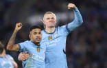 Le Brésilien Savinho (g) et le Norvégien Erling Haaland, auteurs des buts de la victoire de Manchester City à Leicester (2-0), le 29 décembre 2024