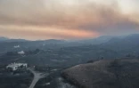 Vue aérienne d'une zone calcinée après un incendie de forêt près de Kiotari, le 26 juillet 2023 sur l'île de Rhodes, en Grèce