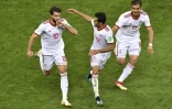 La joie des Iraniens après l'égalisation face au Portugal, signé Karim Ansari Fard (N.10) à Saransk, le 25 juin 2018
