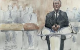 Croquis d'audience du 7 avril 2026 montrant l'ancien président Nicolas Sarkozy lors de son procès en appel dans l'affaire du financement libyen, au palais de justice de Paris, le 8 avril 2026