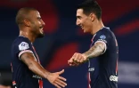 Les Parisiens Rafinha (g) et Angel Di Maria contre Rennes, le 7 novembre 2020 au Parc des Princes 