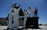 Les cadavres sont déposés sur le plateau d'un camion où reposent d'autres victimes de l'ouragan Dorian