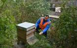 Agamemnon Otero, directeur du projet Energy Garden, s'occupe d'une ruche près de la station Brondesbury Park de l'Overground, le 24 mars 2021 à Londres