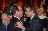 Le président français François Hollande (g) et le candidat du mouvement En Marche! à la présidentielle, Emmanuel Macron, se saluent au dîner annuel du Crif, à Paris le 22 février 2017