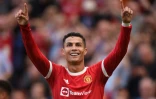 Cristiano Ronaldo célèbre son 2e but inscrit lors du match de ses retrouvailles avec Manchester United en  Premier League contre Newcastle le 11 septembre 2021 à Manchester