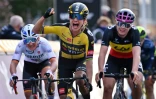 La joie de la Néerlandaise Marianne Vos, après sa victoire au sprint dans Gand-Wevelgem, le 28 mars 2021