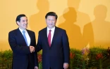 Le président chinois Xi Jinping (d) serre la main à son homologue taiwanais Ma Ying-jéo à l'occasion d'une rencontre à Singapour, le 7 novembre 2015 