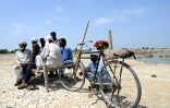 Des ouvriers attendent en vain du travail devant leur briqueterie à l'arrêt à cause des inondations, à Aqilpur au Pakistan le 4 septembre 2022 