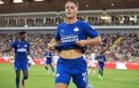 La joie du milieu de terrain du PSV Eindhoven, Joey Veerman, après avoir ouvert le score contre Monaco, lors du 3e tour  préliminaire aller de la Ligue des Champions, le 2 août 2022 au Stade Louis II