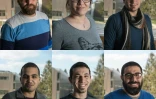 Les réfugiés syriens (de haut en bas et de gauche à droite) Adib, Noura, Maad, Raouf, Nail et Jaber, posent à l'Université de Haute-Alsace à Mulhouse, le 21 mars 2016