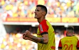 La joie de l'attaquant lensois Florian Sotoca, après avoir marqué à domicile cotnre Brest, lors de la 1ère journée de Ligue 1, le 7 août 2022 au Stade Bollaert-Delelis Villeneuve-d'Ascq