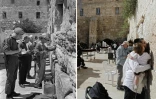 Un montage montrant à gauche des soldats israéliens priant devant le mur des Lamentations à Jérusalem, pendant la guerre des Six Jours, le 9 juin 1967, et des habitants priant au même endroit le 26 mai 2017