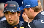 Les pilotes Red Bull Max Verstappen (à droite) et Sergio Pérez échangent après les essais qualificatifs du GP de Belgique à Spa-Francorchamps, le 27 août 2022  