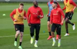 Kevin De Bruyne, Romelu Lukaku et Eden Hazard (de g à d), les trois flèches des Diables Rouges, à l'entraînement avec l'équipe de Belgique le 5 octobre 2021 à Tubize