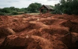 Des trous après l'exhumation de corps d'une fosse commune à Shakahola, près de Malindi, le 25 avril 2023 au Kenya