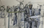 Croquis d'audience de l'ancien médecin Sosthène Munyemana (d) lors de son procès pour son éventuelle implication dans le génocide au Rwanda en 1984, le 14 novembre 2023 devant la cour d'assises de Paris