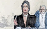 Croquis d'audience représentant l'influenceuse Kim Kardashian avec en arrière-plan l'un des coacussés de son braquage, Aomar Ait Khedache, le 13 mai 2025 au palais de Justice de Paris
