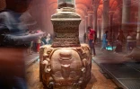 Une tête de méduse dans la citerne basilique de l'empereur Justinien rouverte au public, le 26 juillet 2022 à Istanbul, en Turquie