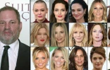 Le producteur américain Harvey Weinstein et des portraits d'actrices qui l'accusent de harcèlement sexuel ou de viol, sur un montage réalisé le 13 octobre 2017