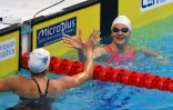 La Française Marie Wattel (dos) et la Grecque Anna Ntountounaki toutes deux créditées du meilleur chrono sur 100 m dos à l'Euro de natation, le 18 mai 2021 à Budapest