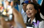 La cheffe de l'opposition vénézuélienne Maria Corina Machado lors d'un rassemblement de campagne à San Cristobal, Etat de Tachira, le 28 juin 2024