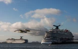 Des bateaux de croisières bloqués par la pandémie de coronavirus, le 11 avril 2020 près du port de Long Beach, en Californie