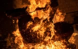Un cheval et son cavalier passent au travers d'un brasier dans le village espagnol de San Bartolome de Pinares pour la fête traditionnelle des "Luminarias", le 16 janvier 2022