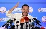Le ministre italien de l'Intérieur Matteo Salvini, antimigrants, se réjouit que son parti La Ligue ait remporté 34% des voix aux élections européennes le 27 mai 2019, contre 6% en 2014