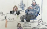 Croquis d'audience montrant Dominique Pelicot (en haut à droite), à l'encontre de qui le parquet a requis la peine maximale de 20 ans de réclusion criminelle, lors de son procès au palais de justice d'Avignon (Vaucluse), le 25 novembre 2024