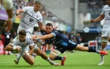 L'ailier toulousain Lucas Tauzin marque un essai face à Montpellier, lors de leur match de Top 14, le 18 septembre 2021 au GGL Stadium