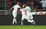 La joie des Marseillais, après l'ouverture du score contre Rennes, par Valère Germain, au Roazhon Park, le 13 janvier 2018