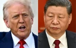 Montage photos du 4 avril 2025 montrant le président américain Donald Trump (g) et son homologue chinois Xi Jinping