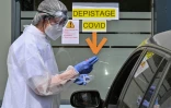 Collecte d'échantillon auprès d'un particulier en voiture, au laboratoire "en drive" Dyomedea-Neolab à Villefranche-sur-Saône, près de Lyon, le 22 avril 2020