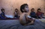 Yazan, un garçon palestinien de 2 ans souffrant de malnutrition, est assis avec ses frères dans la maison endommagée de leur famille dans le camp de réfugiés d'Al-Chati, dans le nord de Gaza, le 23 juillet 2025