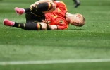 Le joueur de la Belgique Kevin de Bruyne se tord de douleur, lors du match nul contre l'Iran à la Coupe du monde, le 21 juin 2026 à Los Angeles
