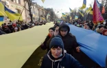 Une manifestation contre une éventuelle intervention militaire russe, le 5 février 2022 à Kharkiv, dans l'est de l'Ukraine.

