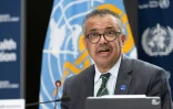 Photo diffusée le 15 décembre 2023 par l'OMS du directeur général Tedros Adhanom Ghebreyesus, lors d'une conférence de presse à Genève