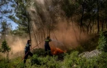 Des pompiers volontaires participent à un exercice de simulation d'incendie, à Rodopoli, dans la banlieue d'Athènes, le 18 mai 2025 en Grèce
