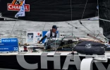 Le skiper français Jérémie Beyou à bord de son monocoque "Charal" lors de la Solitaite du Figaro après le départ de Nantes, le 2 juin 2019